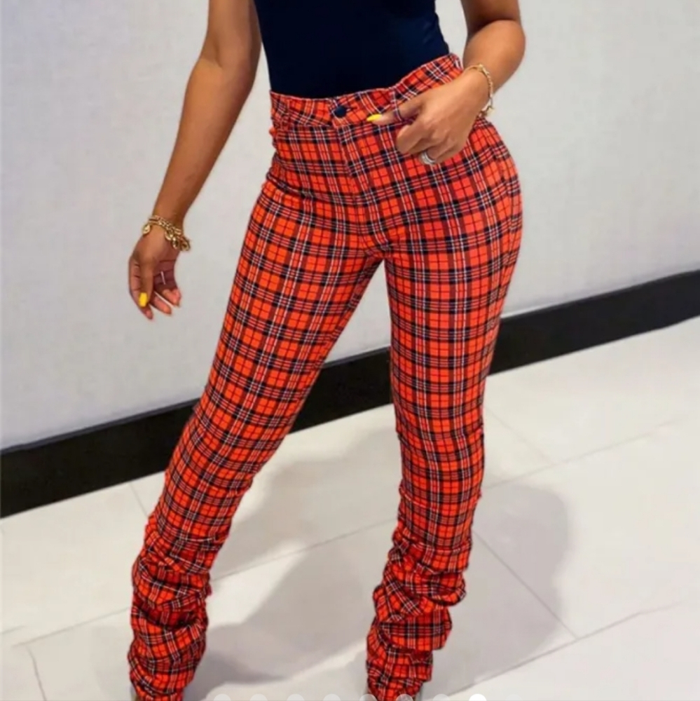 LA BIJOU RED PLAID BUTTON FLY JEANS